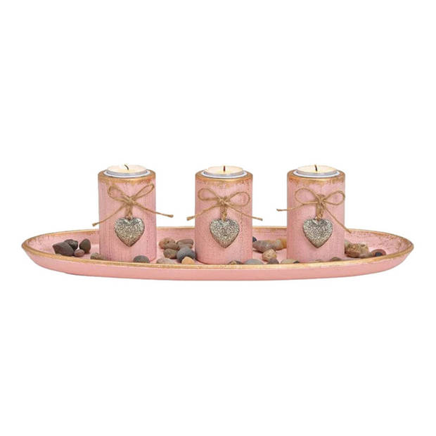 Decoratie schaal met 3 waxinelicht/theelicht houders met hartjes roze - Waxinelichtjeshouders