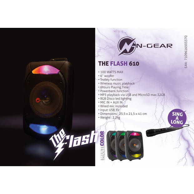 N-GEAR The Flash 610 - Bluetooth Speaker - Karaokeset - Partybox met 1 Microfoon - Zwart