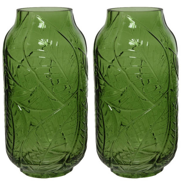 Groene vazen/bloemenvazen bladerenmotief 3 liter van glas 12 x 23 cm - Vazen