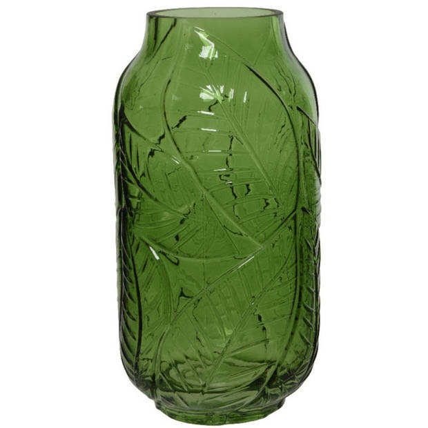 Groene vazen/bloemenvazen bladerenmotief 3 liter van glas 12 x 23 cm - Vazen