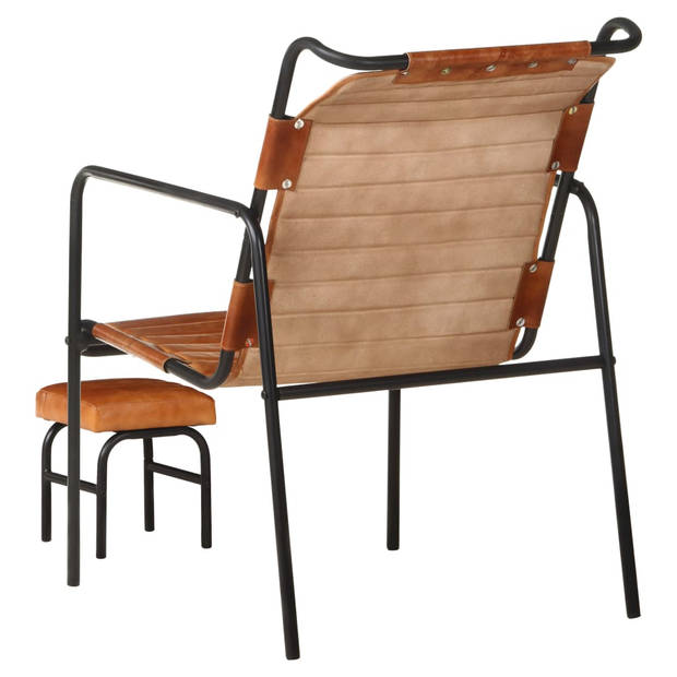 The Living Store Vintage Fauteuil - Bruin Leer - Stoel (54x71x80cm) - Voetenbank (23x26x29cm)