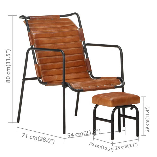 The Living Store Vintage Fauteuil - Bruin Leer - Stoel (54x71x80cm) - Voetenbank (23x26x29cm)