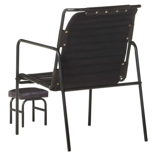 The Living Store Vintage Fauteuil en Voetenbank - Leer en IJzer - Zwart - 54x71x80cm