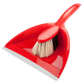 Kunststof stoffer en blik rood met lip en zachte borstel 35 x 25 cm - Stoffer en blik