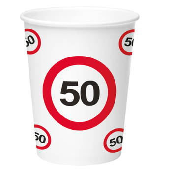 16x stuks drinkbekers van papier in 50 jaar verjaardag thema 350 ml - Feestbekertjes