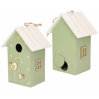 2x stuks nestkast/vogelhuisje hout groen met wit dak 15 x 12 x 22 cm - Vogelhuisjes