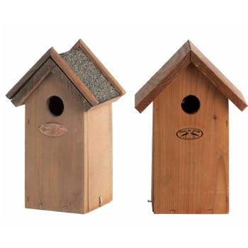 Voordeelset van 2x stuks houten vogelhuisjes/nestkastjes bruin en houtkleur - Vogelhuisjes