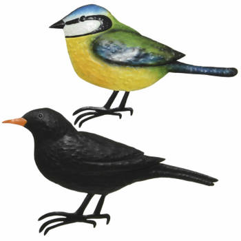 Decoratie vogels/muurvogels Merel en Pimpelmees voor in de tuin 38 cm - Tuinbeelden