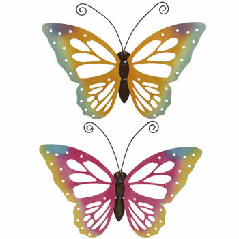 Set van 2x stuks tuindecoratie muur/wand vlinders van metaal in oranje en roze tinten 51 x 38 cm - Tuinbeelden