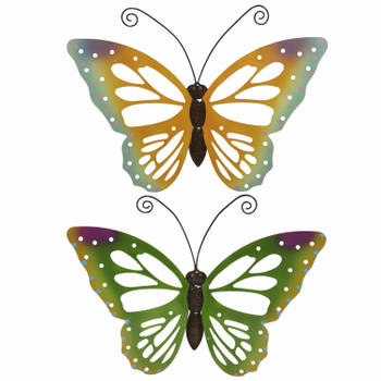 Set van 2x stuks tuindecoratie muur/wand vlinders van metaal in groen en oranje tinten 51 x 38 cm - Tuinbeelden