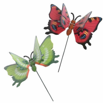 2x stuks Metalen deco vlinders rood en groen van 17 x 60 cm op tuinstekers - Tuinbeelden
