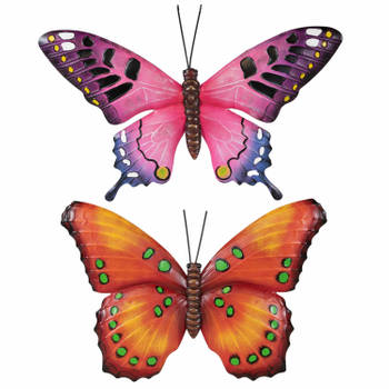 Set van 2x stuks tuindecoratie muur/wand vlinders van metaal in oranje en roze tinten 48 x 30 cm - Tuinbeelden