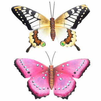 Set van 2x stuks tuindecoratie muur/wand vlinders van metaal in roze en geel tinten 48 x 30 cm - Tuinbeelden