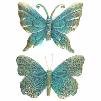 Set van 2x stuks tuindecoratie muur/wand vlinders van metaal turquoise/goud 22 en 31 cm - Tuinbeelden
