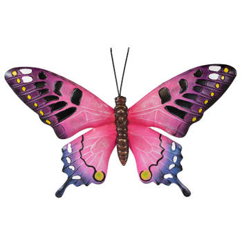 Tuindecoratie vlinder van metaal roze 37 cm - Tuinbeelden