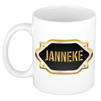 Janneke naam / voornaam kado beker / mok met goudkleurig embleem - Naam mokken