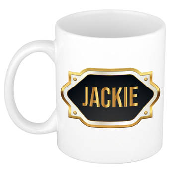 Jackie naam / voornaam kado beker / mok met goudkleurig embleem - Naam mokken