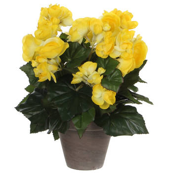 Mica Decorations Kunstplant - Begonia - geel - 30 cm - grijze pot - Kunstplanten