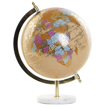 Decoratie wereldbol/globe beige op marmeren voet 20 x 28 cm - Wereldbollen