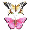 Set van 2x stuks tuindecoratie muur/wand vlinders van metaal in roze en geel tinten 48 x 30 cm - Tuinbeelden