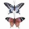 Set van 2x stuks tuindecoratie muur/wand vlinders van metaal in bruin en blauw tinten 44 x 31 cm - Tuinbeelden