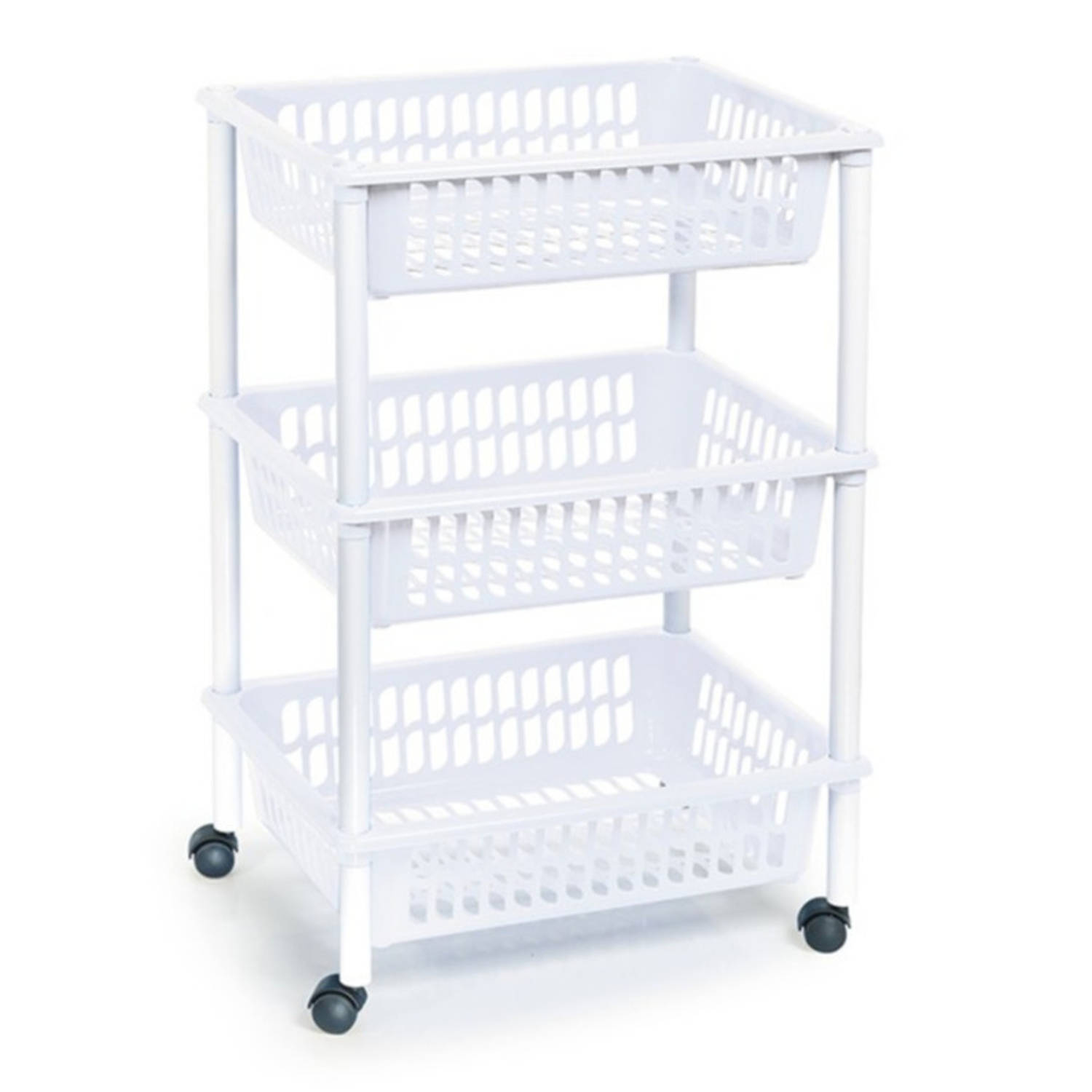 Opberg trolley/roltafel/organizer met 3 manden 40 x 30 x 61,5 cm wit/wit - Etagewagentje/karretje met opbergkratten