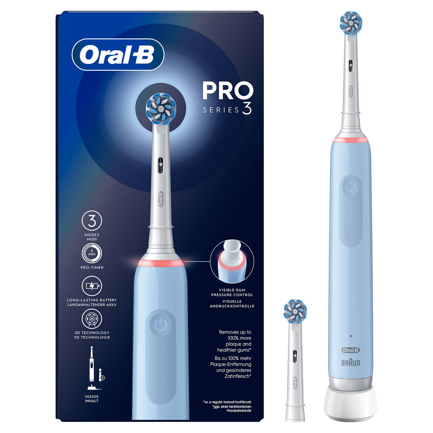breken Durf Giraffe Oral-B elektrische tandenborstel Pro 3 3000 Sensi blauw - incl. 2  opzetborstels | Blokker