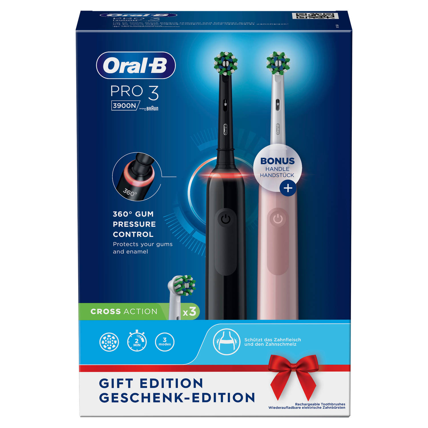 Oral-B tandenborstel Pro 3 Duo zwart en roze - incl. opzetborstels | Blokker