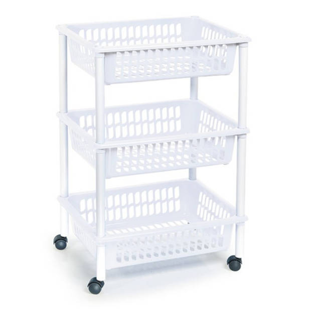 Opberg trolley/roltafel/organizer met 3 manden 40 x 30 x 61,5 cm wit/wit - Opberg trolley