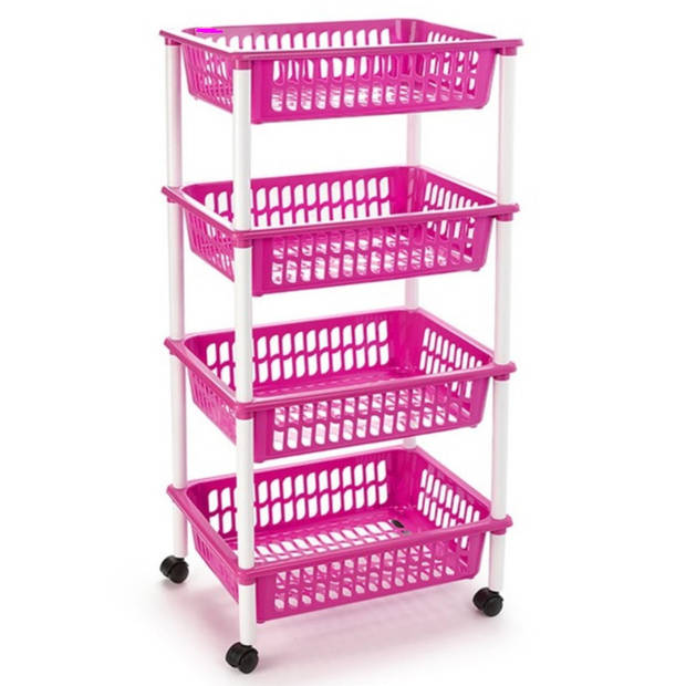 Roze opberg trolley/roltafel met 4 manden 85 cm - Opberg trolley