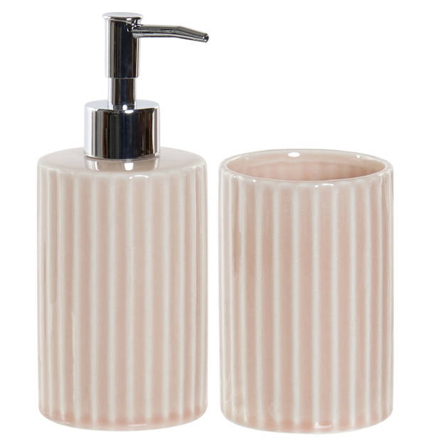 Badkamerset met zeeppompje en tandenborstel beker roze keramiek - Badkameraccessoireset