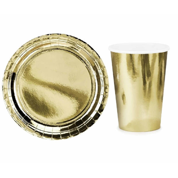 Tafel dekken feestartikelen goud kleur 32x bordjes/32x drink bekers - Feestpakketten