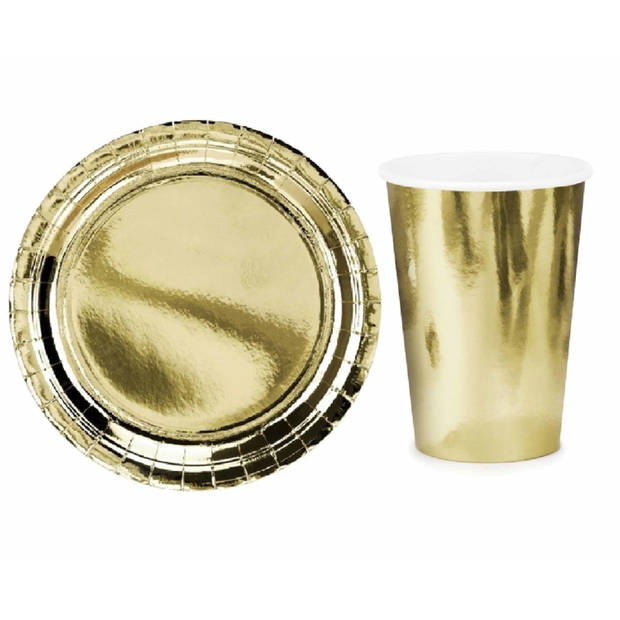 Tafel dekken feestartikelen goud kleur 16x bordjes/16x drink bekers - Feestpakketten