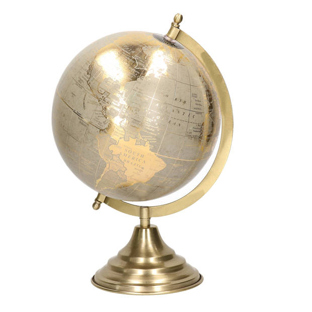 Decoratie wereldbol/globe goud/grijs op metalen voet 22 x 34 cm - Wereldbollen