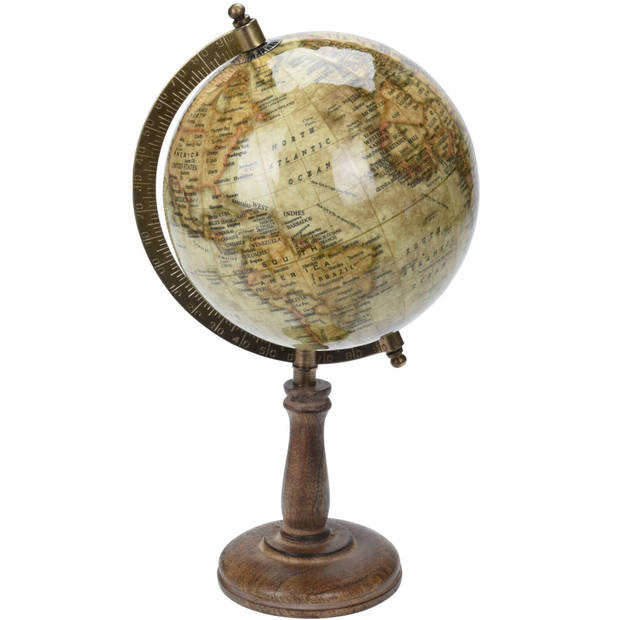 Decoratie wereldbol/globe beige op mangohouten voet 16 x 32 cm - Wereldbollen