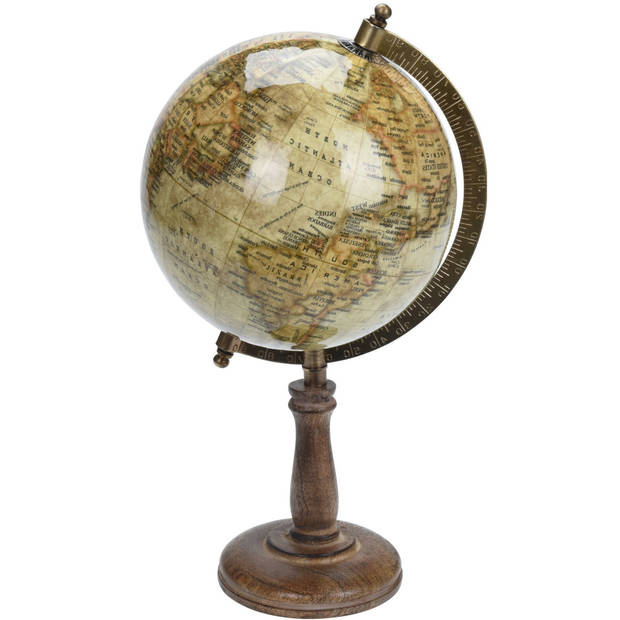 Decoratie wereldbol/globe beige op mangohouten voet 16 x 32 cm - Wereldbollen