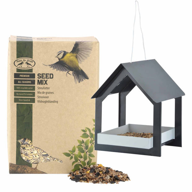Metalen vogelhuisje/voedertafel hangend antraciet 23 cm met vogel strooivoer 2,5 kg - Vogelvoederhuisjes