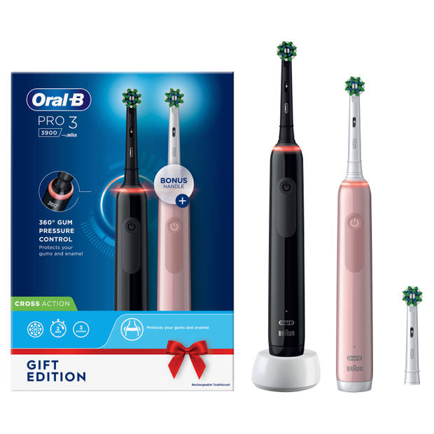 Oral-B elektrische tandenborstel Pro 3 3900 Duo CrossAction zwart en roze - incl. 3 opzetborstels