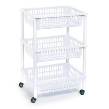 Opberg trolley/roltafel/organizer met 3 manden 40 x 30 x 61,5 cm wit/wit - Etagewagentje/karretje met opbergkratten