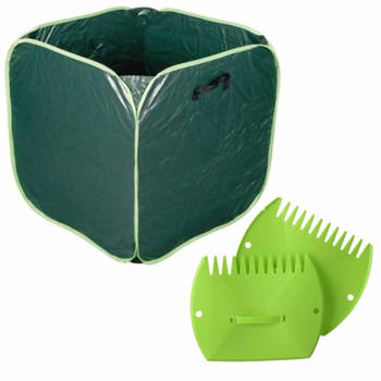 Groene tuinafvalzak opvouwbaar 290 liter met een setje bladharken/tuinafval grijpers - Tuinafvalzak