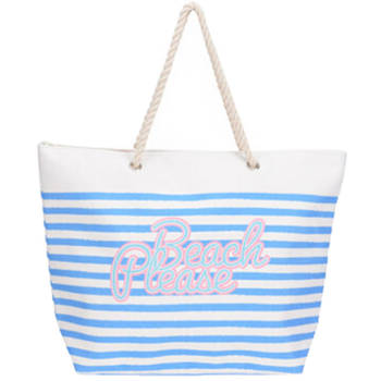 Strandtas met handvat wit/blauw gestreept met Beach Please print polyester 38 x 39 cm - Strandtassen