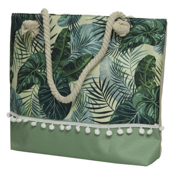 Strandtas met handvat groen met bladeren polyester 45 x 35 cm - Strandtassen