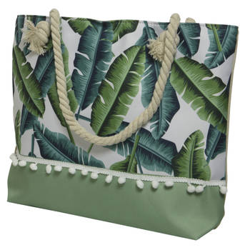 Strandtas met handvat groen met bladeren polyester 45 x 35 cm - Strandtassen