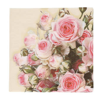 20x Geel met rozen/bloemen voorjaar servetten 33 x 33 cm - Feestservetten