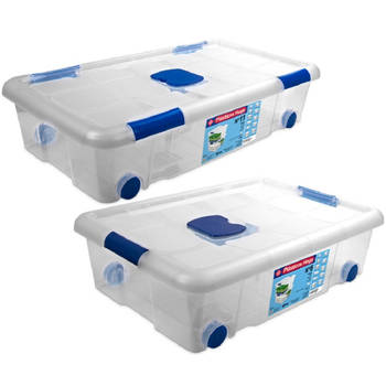 2x Opbergboxen/opbergdozen met deksel en wieltjes 30 en 31 liter kunststof transparant/blauw - Opbergbox
