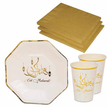Tafel dekken Ramadan Mubarak feestartikelen wit/goud 16x bordjes/16x drink bekers/20x servetten - Feestpakketten