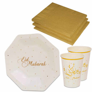 Tafel dekken Ramadan Mubarak feestartikelen wit/goud 24x bordjes/24x drink bekers/40x servetten - Feestpakketten