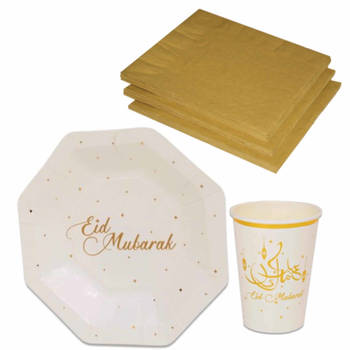 Tafel dekken Ramadan Mubarak feestartikelen wit/goud 8x bordjes/8x drink bekers/20x servetten - Feestpakketten