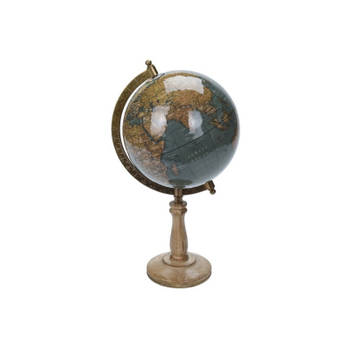 Decoratie wereldbol/globe blauw op mangohouten voet 16 x 32 cm - Wereldbollen
