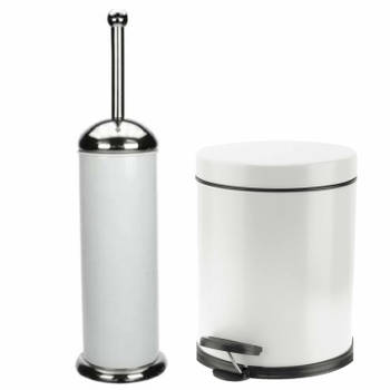 Badkamer/toilet set pedaalemmer 5 liter en toiletborstel RVS wit - Badkameraccessoireset